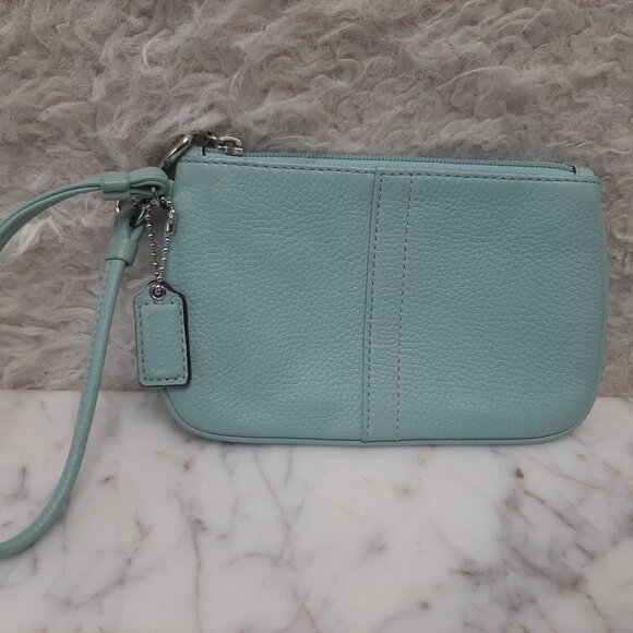 Coach Leather Wristlet Pouch Blue Leather - Picture 1 of 8